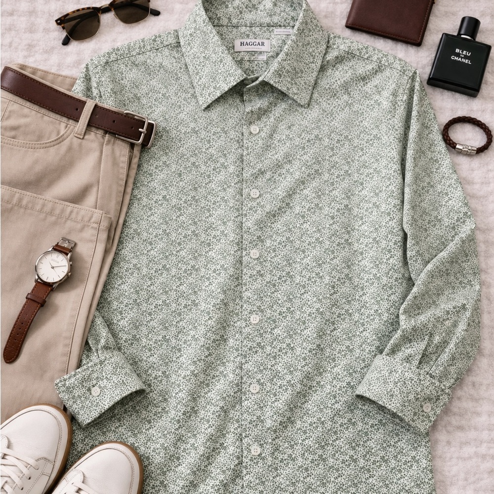 Haggar Slim Fit Green Micro Print Dress Shirt 15.5 32/33